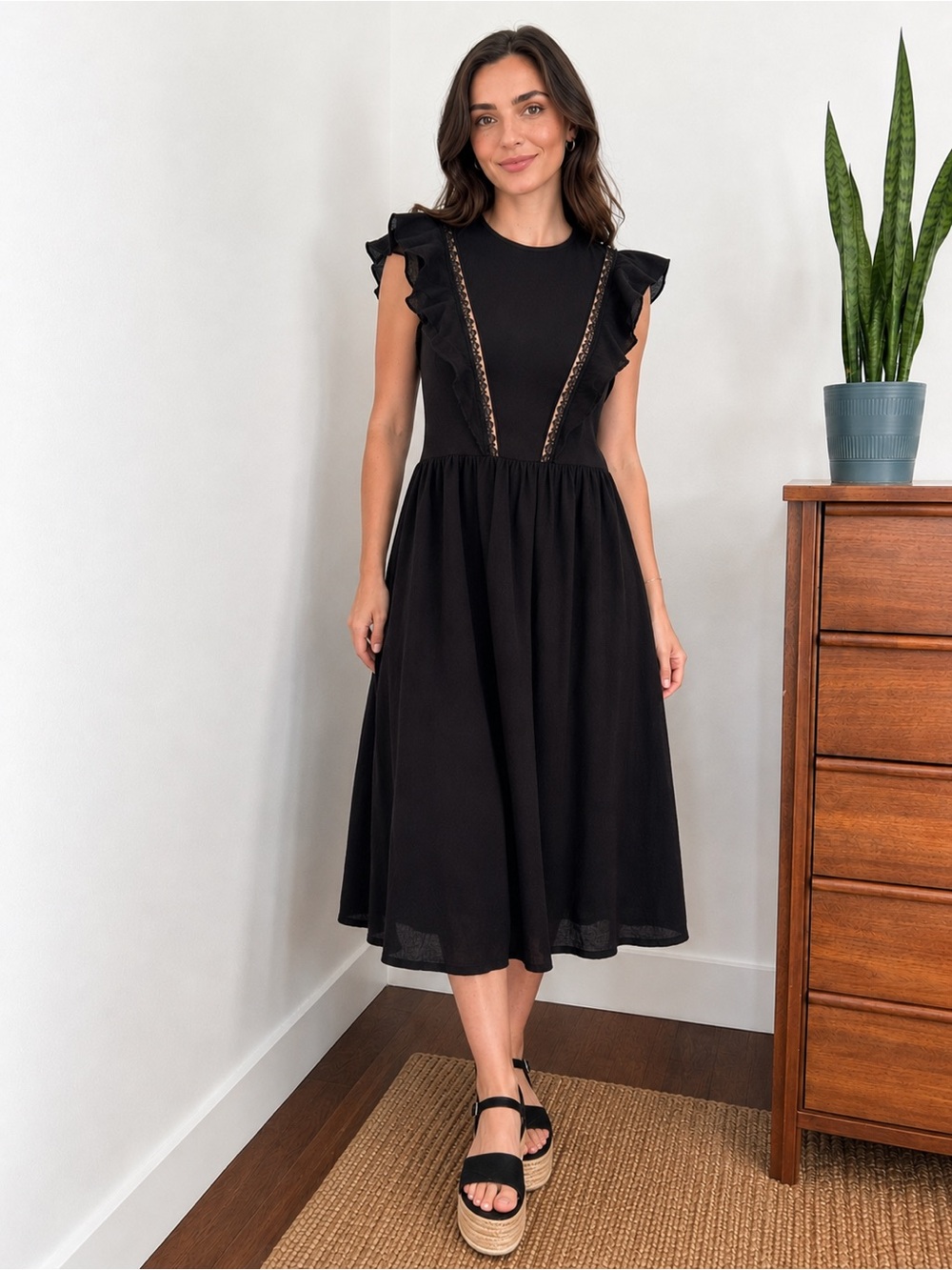 Black Ruffle drop waist Midi Dress - Women
